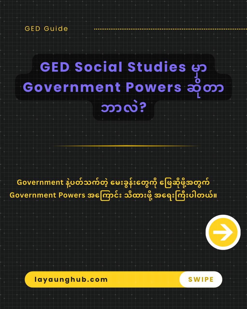 GED Social Studies မှာ Government နဲ့ပတ်သက်တဲ့ မေးခွန်းတွေကို ဖြေဆိုမယ်ဆိုရင် Government Powers ကို နားလည်ထားဖို့ လိုပါတယ် !